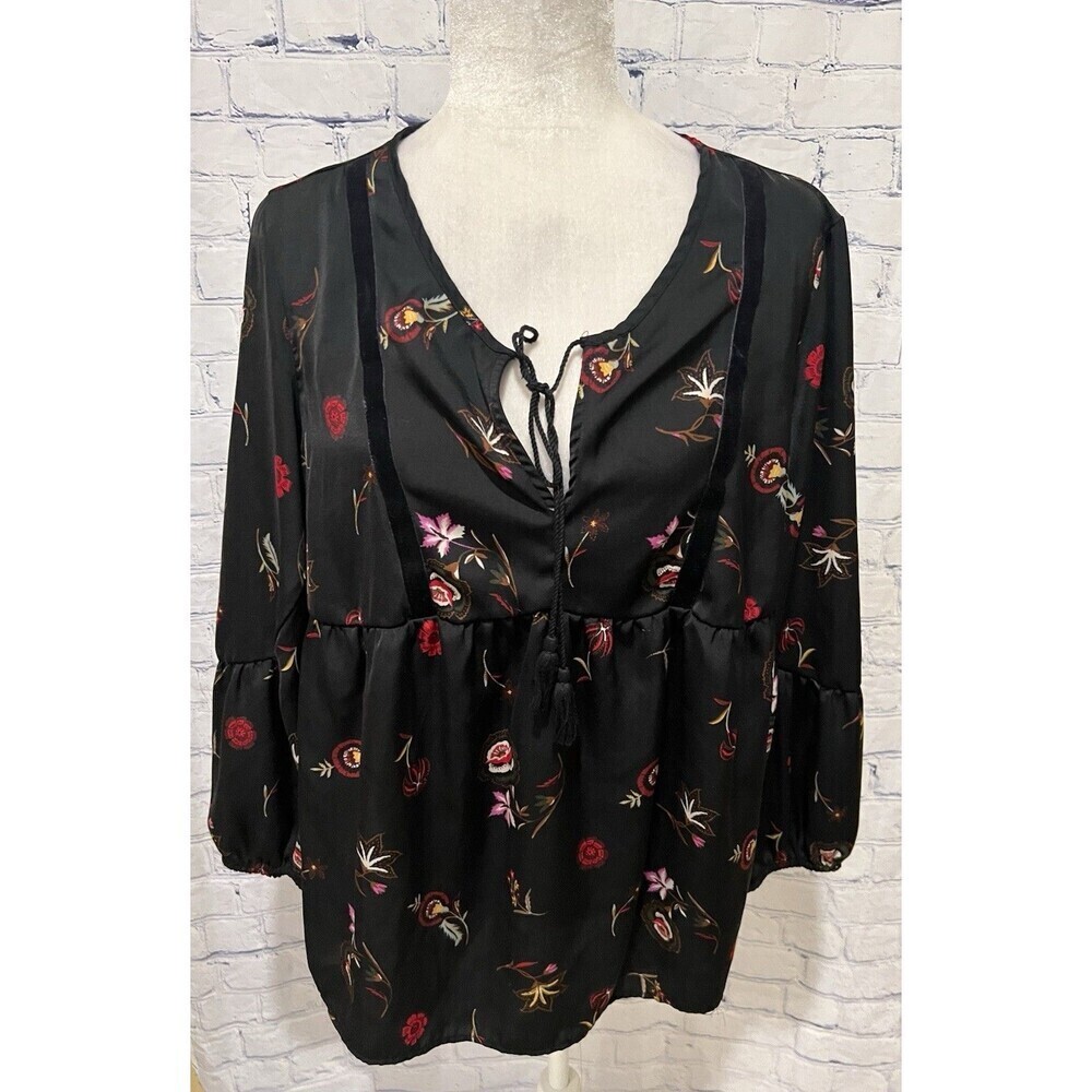 Old Navy Womens Black and Floral Balloon Sleeve Lightweight Velvet Trim Blouse M